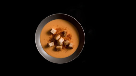 A bowl of pumpkin soup with croutons on a black backgroundの素材