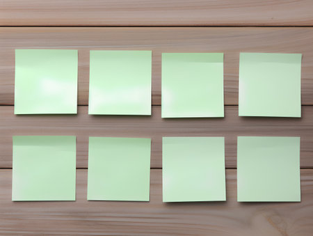 Green sticky notes on a wooden background. 3d render illustration.の素材
