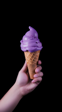 Hand holding purple ice cream cone isolated on black background with clipping pathの素材