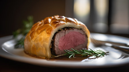 Beef Wellington with rosemary on a white plate. Selective focus.の素材