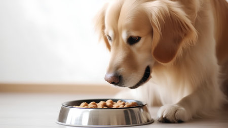 Cute golden retriever dog eating food from a bowl at homeの素材