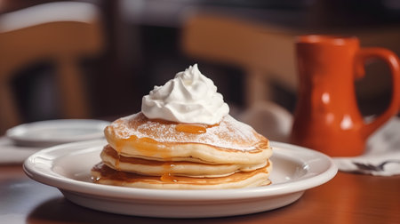 Pancakes with maple syrup and whipped cream on a white plateの素材