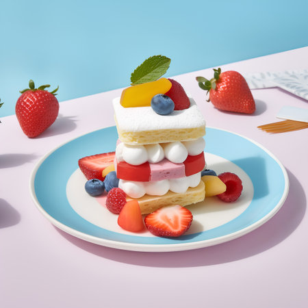 Fruit cake with berries on a blue plate. 3d renderingの素材