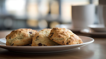 Scones with raisins on a plate in a cafeの素材