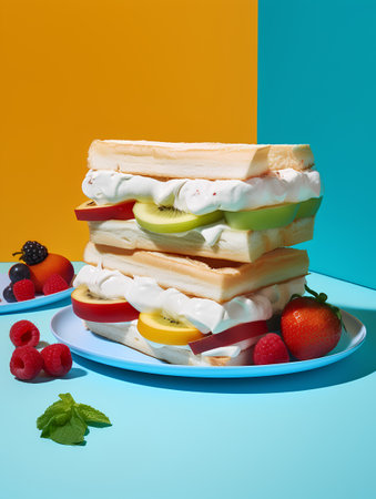 Creative breakfast concept. Stack of waffles with whipped cream and fruits on colorful background.の素材