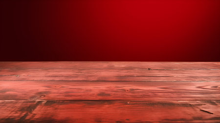 Empty wood table with red wall background. Ready for product display montageの素材