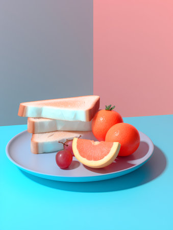 Healthy breakfast with fruit on blue and pink background. 3d renderingの素材