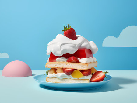 3d rendering of a stack of waffles with whipped cream and strawberries on a blue backgroundの素材