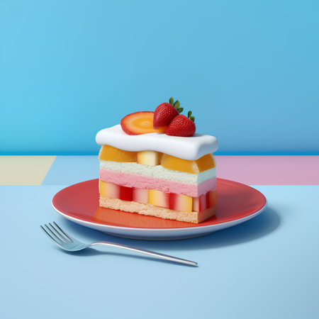 Fruit cake on a plate on a blue and yellow background. 3d renderingの素材