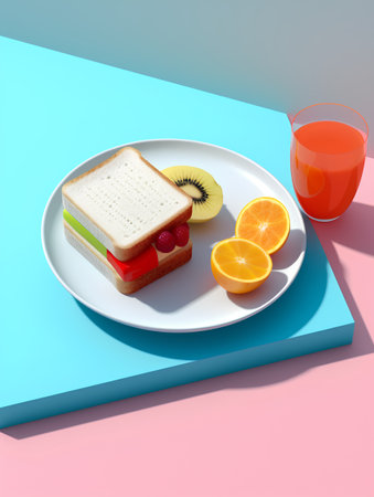 Healthy breakfast with sandwich, juice and fruits. 3d illustrationの素材
