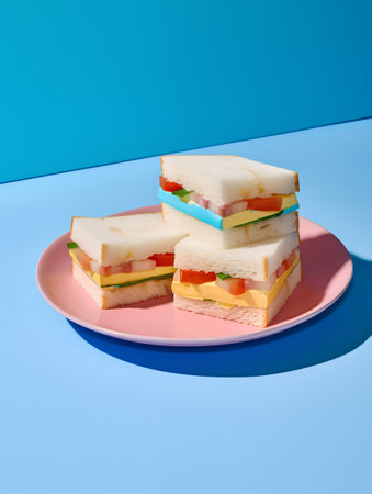 Sandwiches with cheese and vegetables on a pink plate on blue backgroundの素材