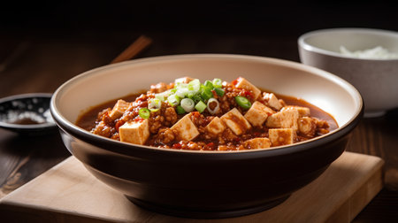 japanese cuisine. Tofu in spicy sauce on wooden backgroundの素材