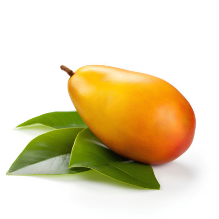 Ripe mango fruit with green leaves isolated on white background cutoutの素材