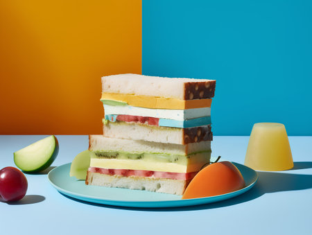 Sandwiches with fruits and vegetables on a blue and orange backgroundの素材