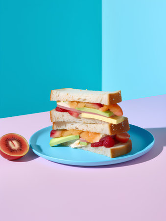 Fruit sandwich with ham, cheese, apple, grapefruit, kiwi, strawberry on blue and pink backgroundの素材