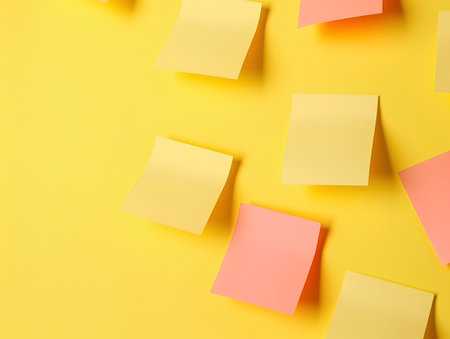 Blank sticky notes on yellow background. 3d render illustration.の素材