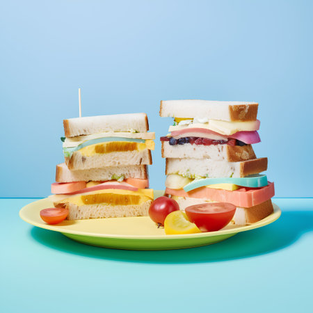 Sandwiches with ham, cheese, tomato and cucumber on a yellow plate on a blue backgroundの素材