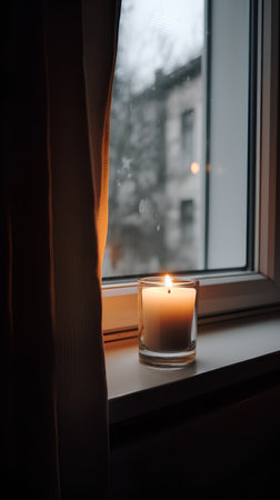 A burning candle in a glass on the windowsill with a blurred background.の素材
