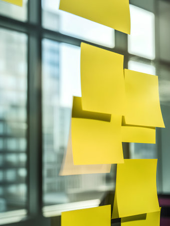 Yellow sticky notes on the glass wall in office. 3d renderingの素材