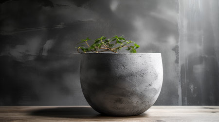 Plant in concrete pot on wooden table and concrete wall background.の素材