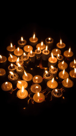 Burning wax candles on black background. Copy space for text.の素材