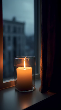 Burning candle on a window sill with a view of the cityの素材