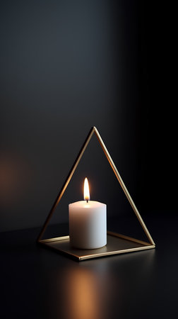 3d rendering of a candle in a triangular frame on a black backgroundの素材