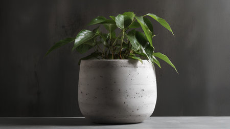 Indoor plant in concrete pot on gray background. Home decor concept.の素材