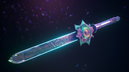 3d rendering of a fantasy sword with a pattern on the bladeの素材