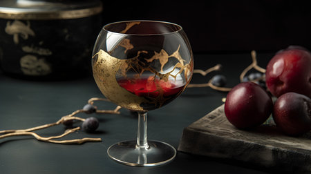 Wineglass with red wine and grapes on a black background.の素材
