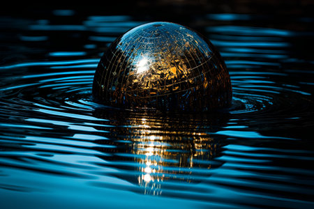 abstract scene with globe and reflection in water. 3d illustrationの素材