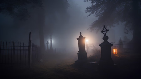 Gothic cemetery at night with fog, 3d rendering.の素材