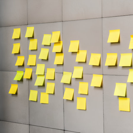 Sticky notes on the wall of office building. Conceptual image.の素材