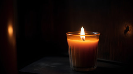 Burning candle in a glass on a dark background. Selective focus.の素材