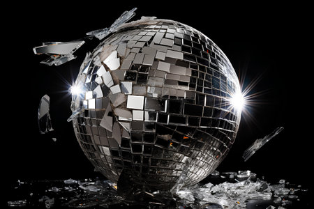 Broken disco ball isolated on black background. 3d illustration.の素材