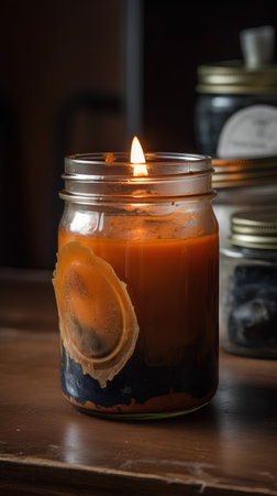 Aroma candle in a glass jar on a dark wooden background.の素材