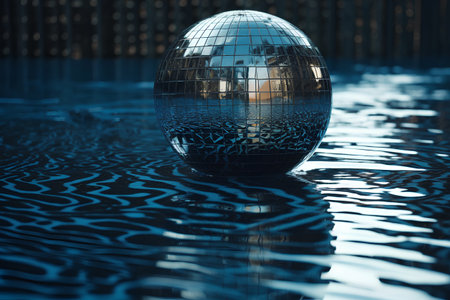 3d rendering of a disco ball reflected in the water surface.の素材