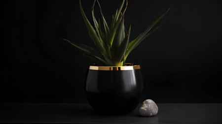 Black vase with a plant on a black background. Minimal concept.の素材
