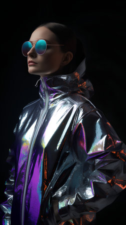 Fashion shot of a beautiful woman in a silver jacket and sunglasses.の素材