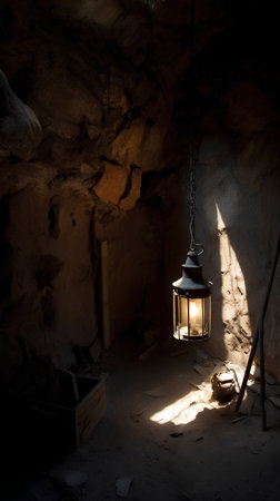 Lantern in the cave. Old lamp in a cave.の素材