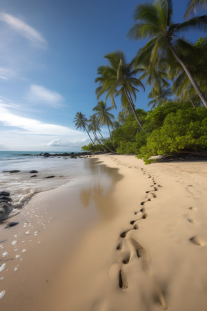 Tropical beach with palm trees and footprints in the sand.の素材