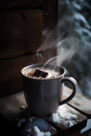 Cup of hot coffee on wooden table in winter. Selective focusの素材