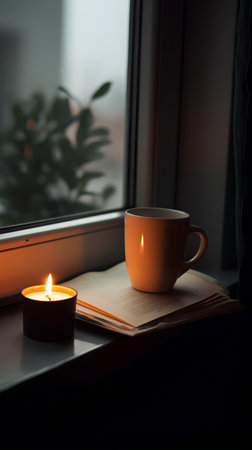 Cup of coffee, book and candle on window sill at nightの素材