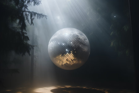 3d rendering of a big disco ball in the dark forest.の素材