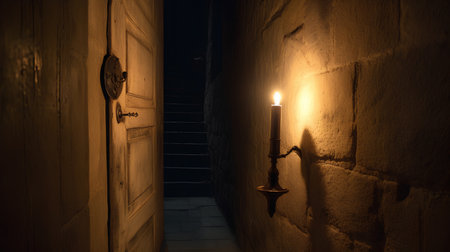 Lighting in the dark and a lamp in the old door.の素材