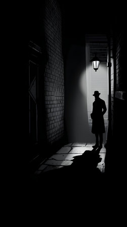 Silhouette of a man in a hat standing on the street at nightの素材