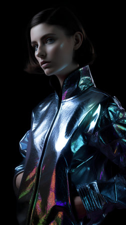 Futuristic portrait of a beautiful young woman in a shiny silver costume.の素材