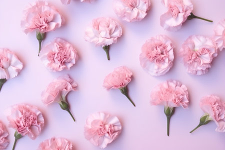 Pink carnation flowers on pastel pink background. Flat lay, top viewの素材
