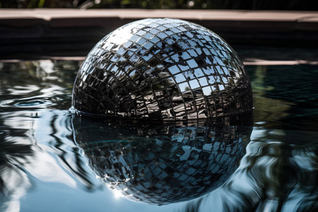 Disco ball reflected in swimming pool with reflections. 3d renderingの素材