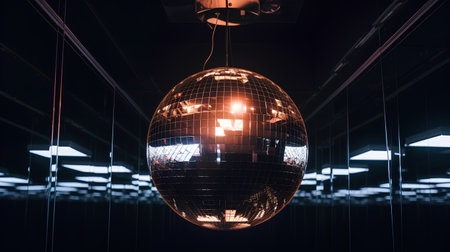 3d rendering of a disco ball in a dark room with neon lightsの素材